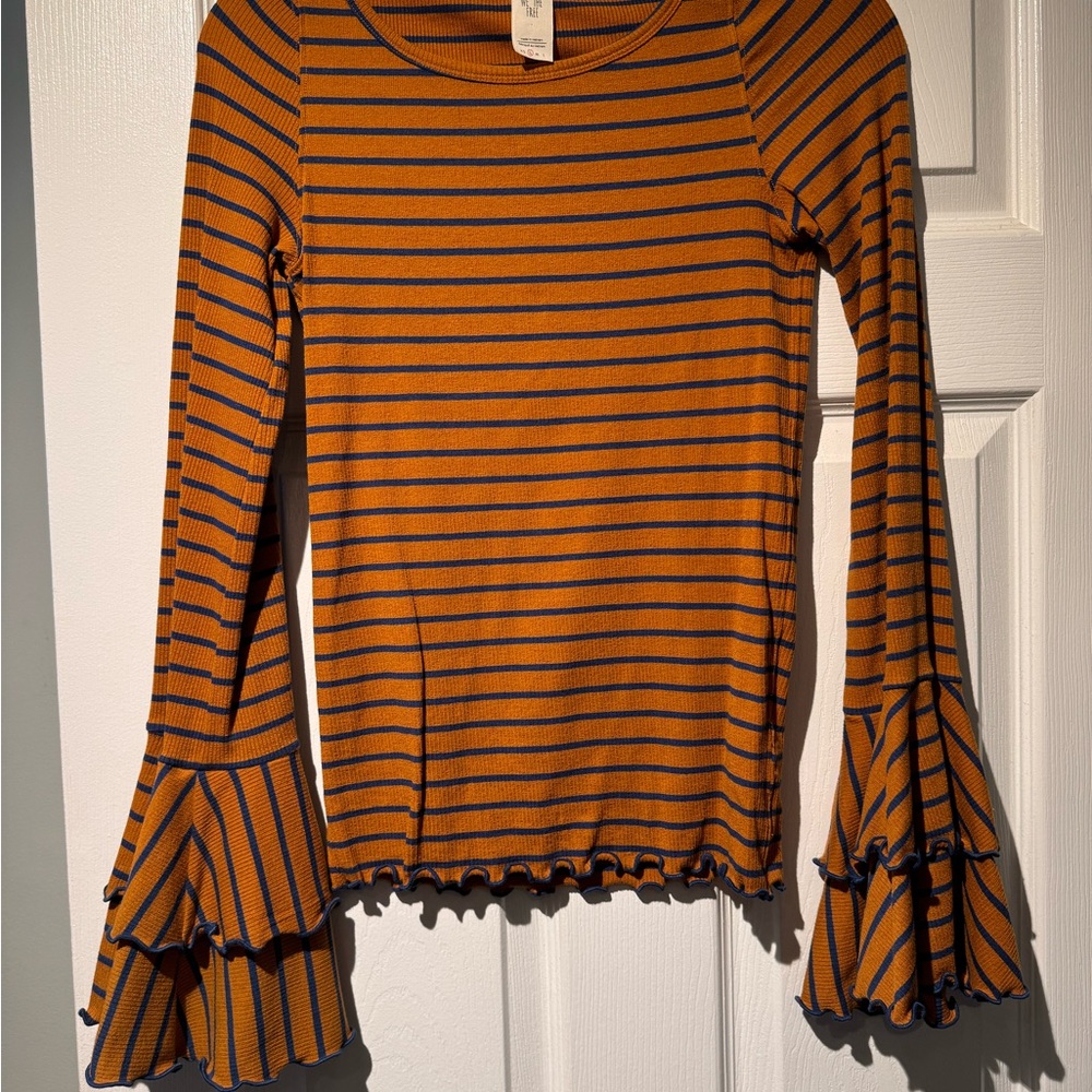 We The Free Orange and Blue Ruffled Bell Sleeve Blouse